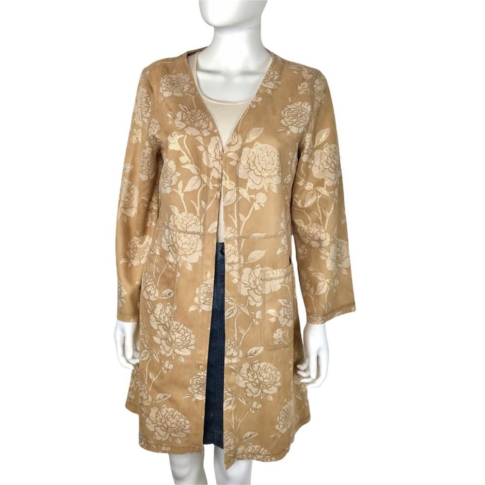 Anthropologie Solitaire NWT Floral Jacket Faux Suede Gold & Tan Long Sz L